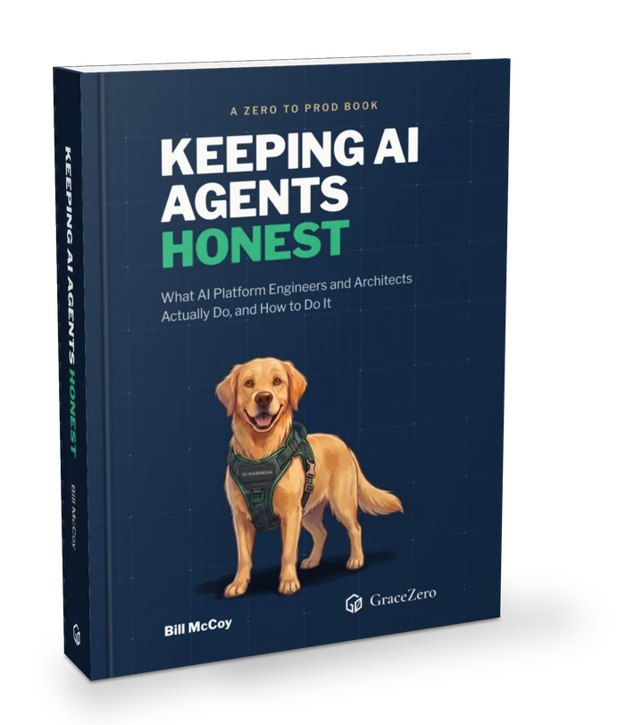 Keeping AI Agents Honest by Bill McCoy, standing: a golden retriever in a harness on a navy blueprint grid