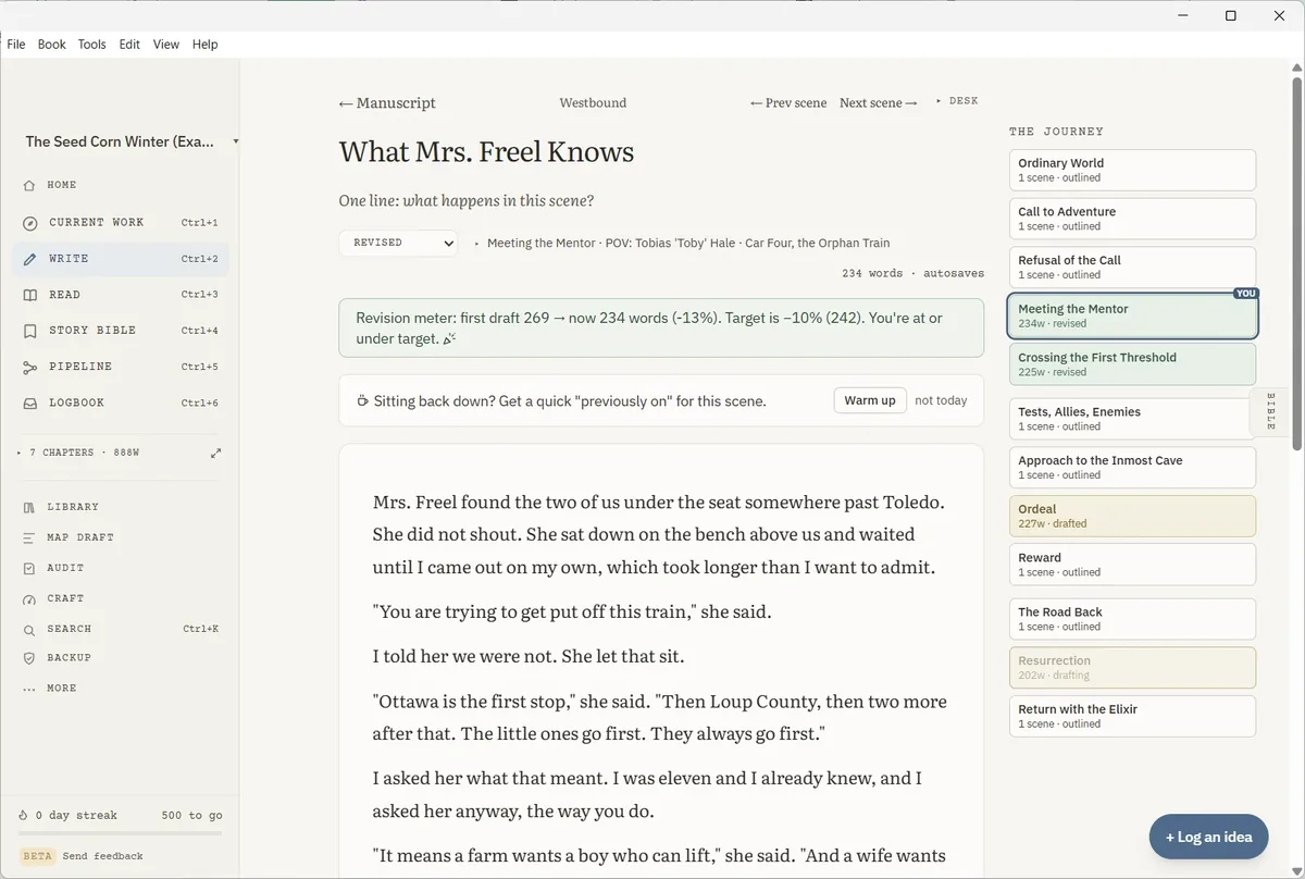 A Windows writing application, showing a scene in the editor beside the story's structure