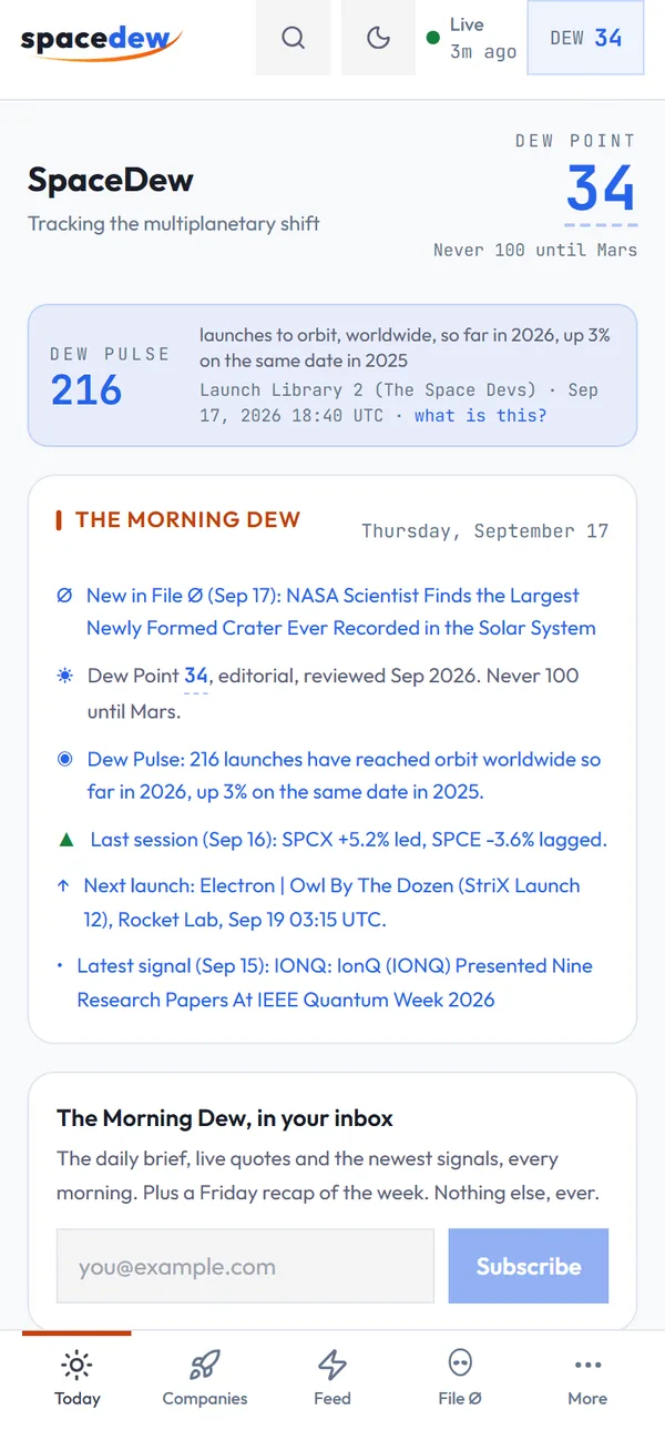 SpaceDew on a phone: the daily brief and launch count