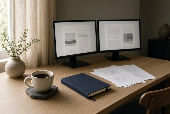 A studio desk in natural light, two monitors, drawings, a notebook