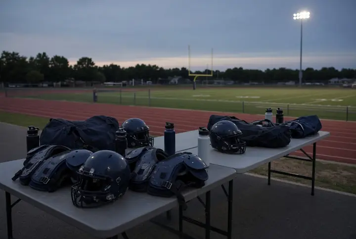 Helmets and pads laid out beside a football field at dusk