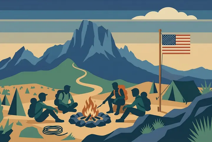 Illustration of scouts around a campfire below a mountain, tents and a flag behind them